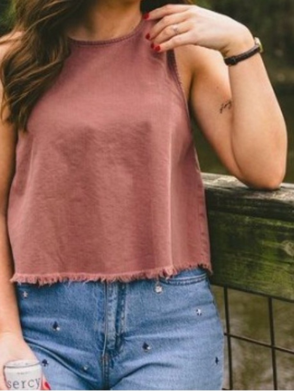 Aerie Frayed Hem Open Back‎ Chambray Tank Top Dusty Rose Size Small